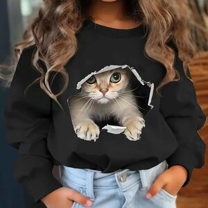 Girls Black Cat Print Sweatshirt